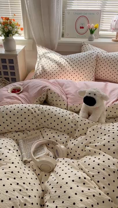 91家纺网 家纺一手货源 找家纺 暖伊家居 2026新款糖果小布袋泡芙纱四件套 奶油波点