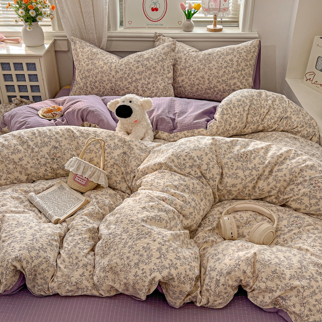 91家纺网 家纺一手货源 找家纺 暖伊家居 2026新款糖果小布袋泡芙纱四件套 南法秘境