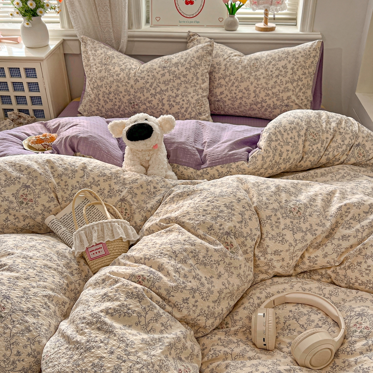 91家纺网 家纺一手货源 找家纺 暖伊家居 2026新款糖果小布袋泡芙纱四件套 南法秘境