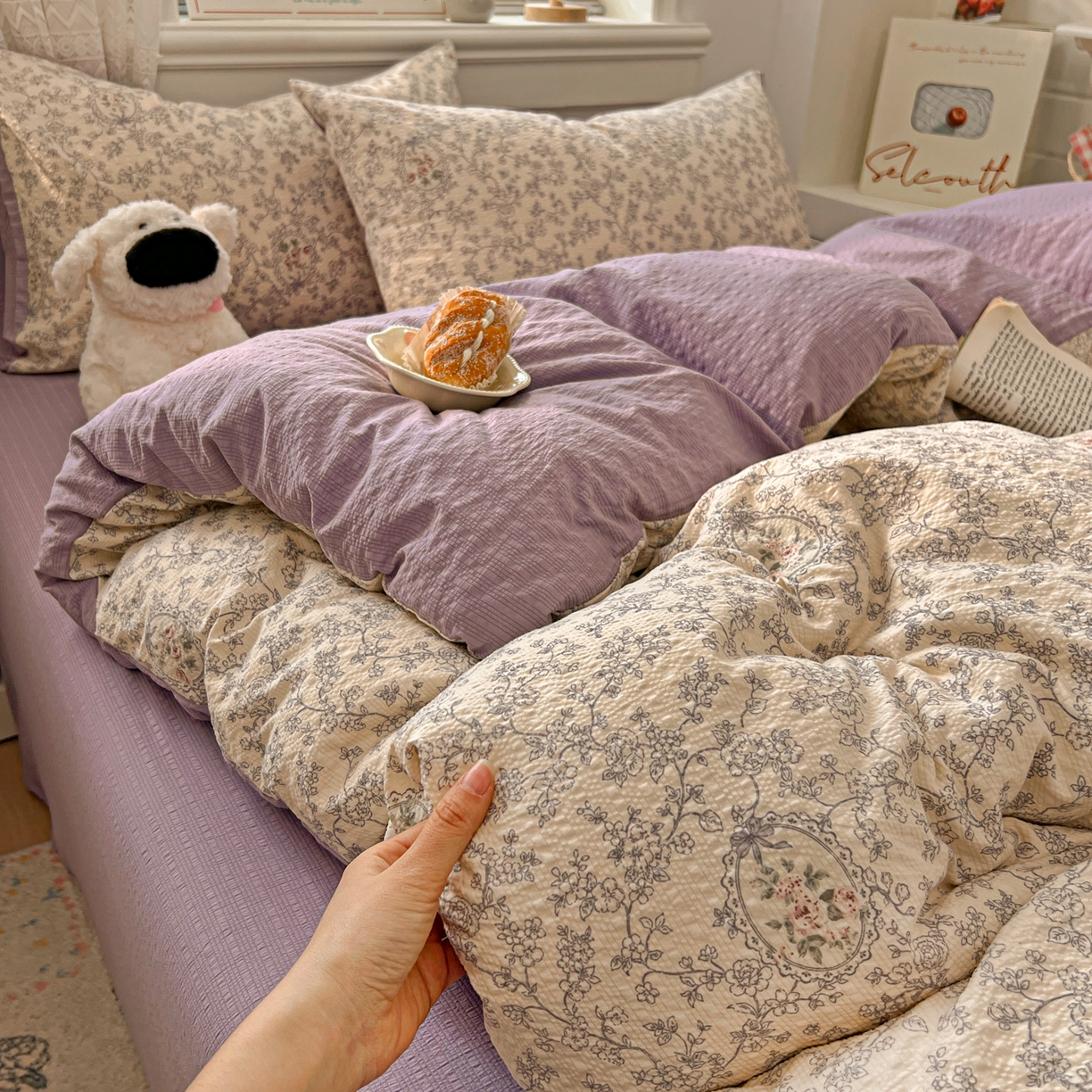 91家纺网 家纺一手货源 找家纺 暖伊家居 2026新款糖果小布袋泡芙纱四件套 南法秘境