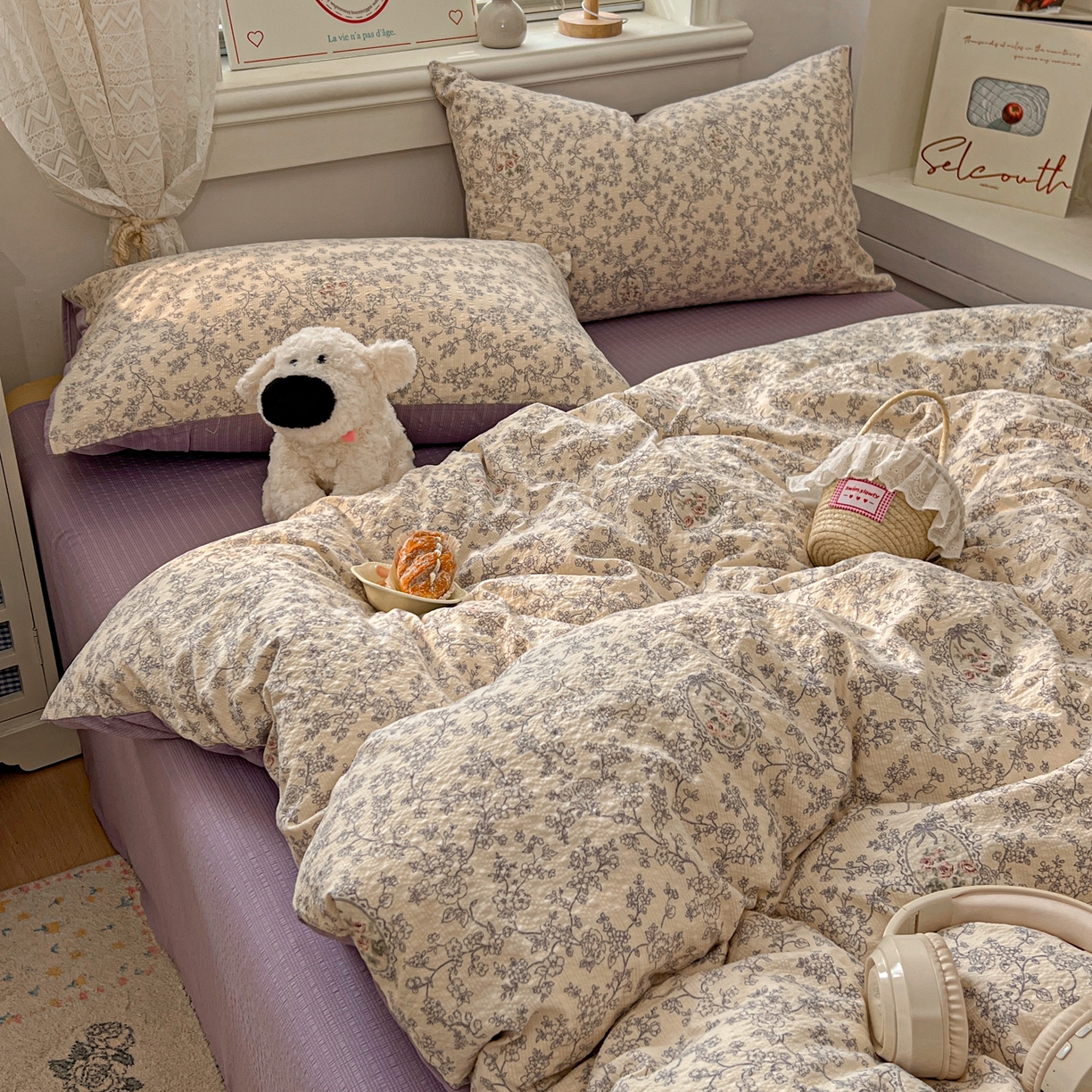 91家纺网 家纺一手货源 找家纺 暖伊家居 2026新款糖果小布袋泡芙纱四件套 南法秘境