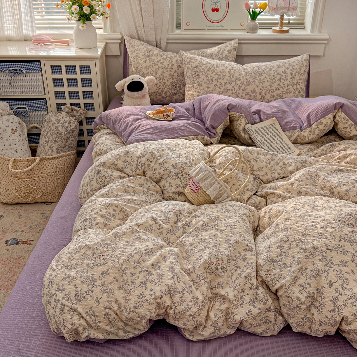 91家纺网 家纺一手货源 找家纺 暖伊家居 2026新款糖果小布袋泡芙纱四件套 南法秘境