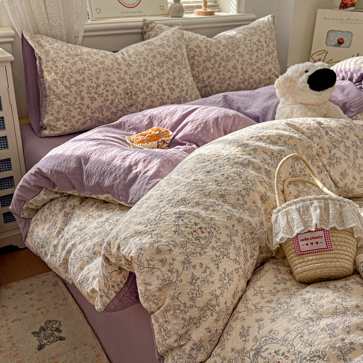 91家纺网 家纺一手货源 找家纺 暖伊家居 2026新款糖果小布袋泡芙纱四件套 南法秘境