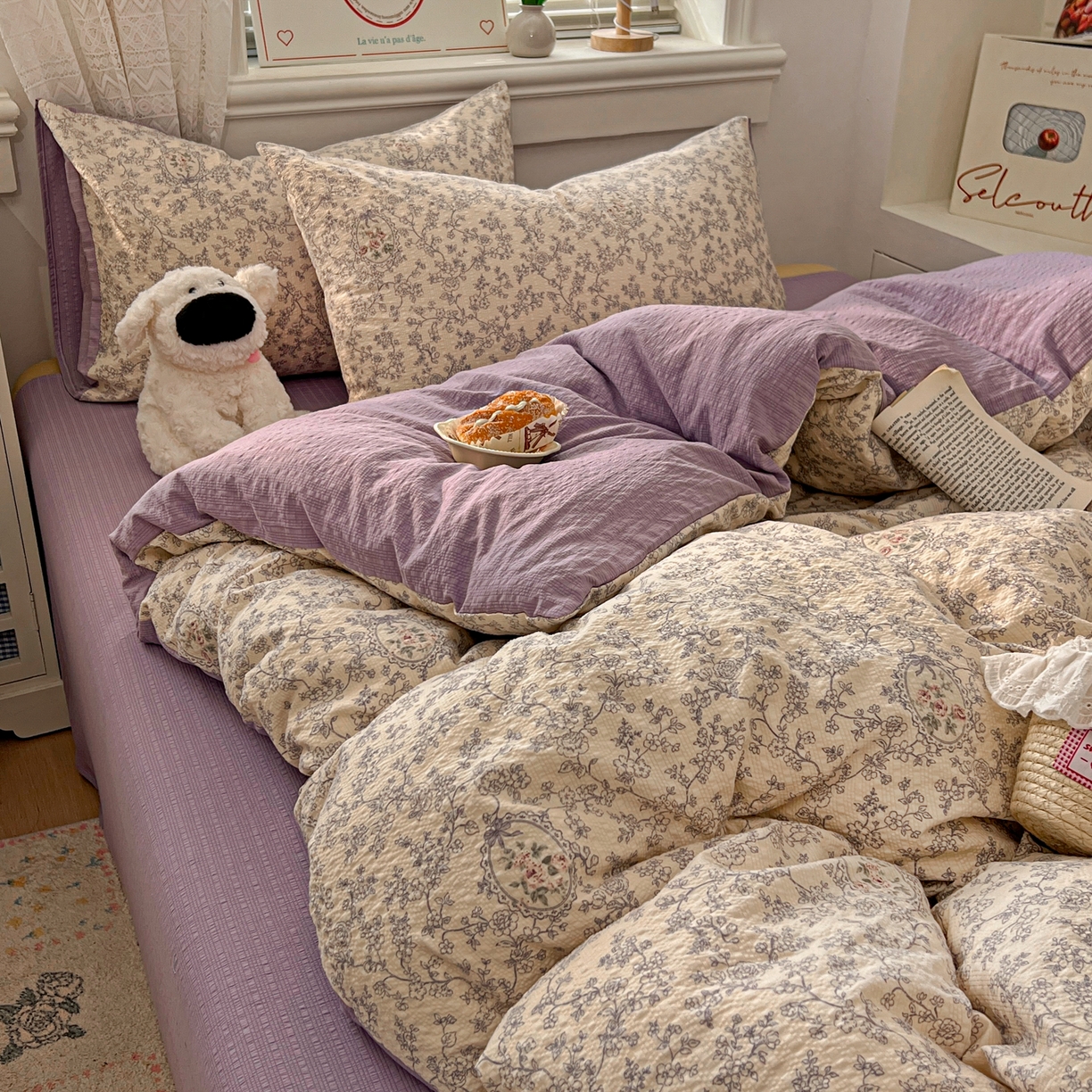 91家纺网 家纺一手货源 找家纺 暖伊家居 2026新款糖果小布袋泡芙纱四件套 南法秘境