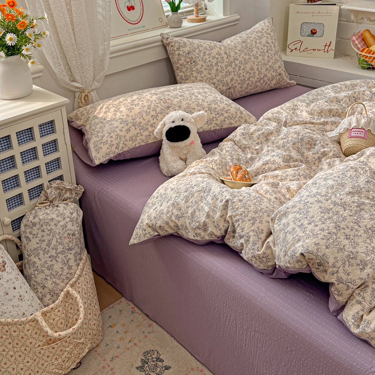 91家纺网 家纺一手货源 找家纺 暖伊家居 2026新款糖果小布袋泡芙纱四件套 南法秘境