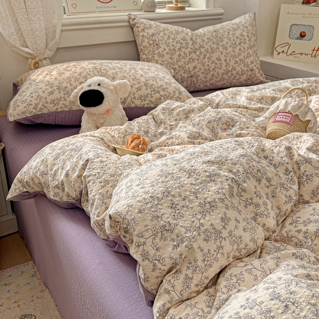 91家纺网 家纺一手货源 找家纺 暖伊家居 2026新款糖果小布袋泡芙纱四件套 南法秘境