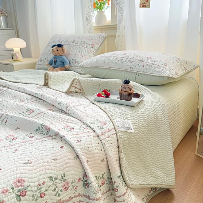 91家纺网 家纺一手货源 找家纺 淑女公社家纺 2026春夏新款高温砂洗床盖款纯棉四件套床盖被套单品单件 花蔓