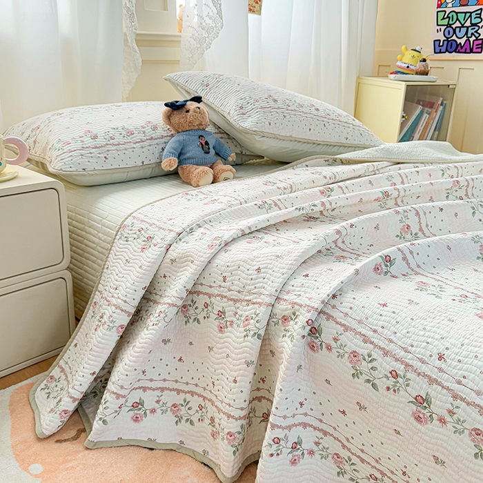 91家纺网 家纺一手货源 找家纺 淑女公社家纺 2026春夏新款高温砂洗床盖款纯棉四件套床盖被套单品单件 花蔓