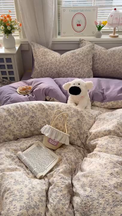 91家纺网 家纺一手货源 找家纺 暖伊家居 2026新款糖果小布袋泡芙纱四件套 南法秘境