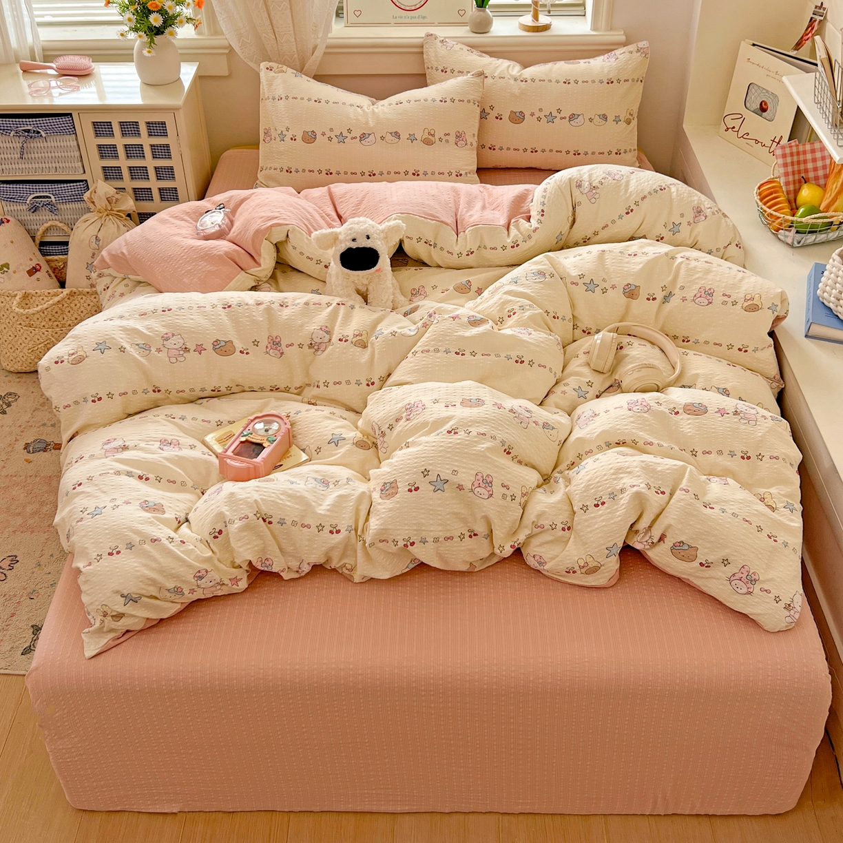 91家纺网 家纺一手货源 找家纺 暖伊家居 2026新款糖果小布袋泡芙纱四件套 少女KT