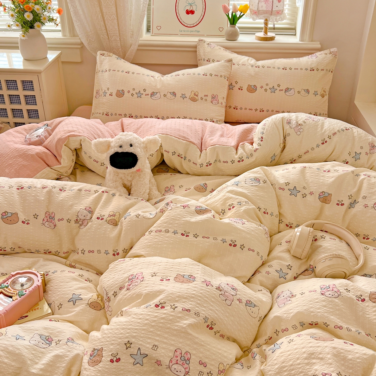 91家纺网 家纺一手货源 找家纺 暖伊家居 2026新款糖果小布袋泡芙纱四件套 少女KT