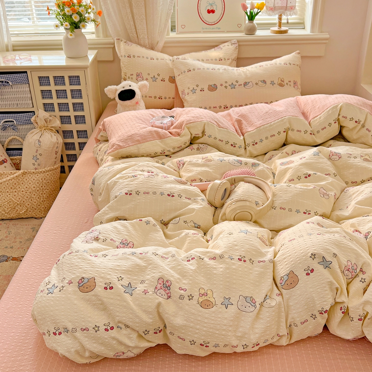 91家纺网 家纺一手货源 找家纺 暖伊家居 2026新款糖果小布袋泡芙纱四件套 少女KT