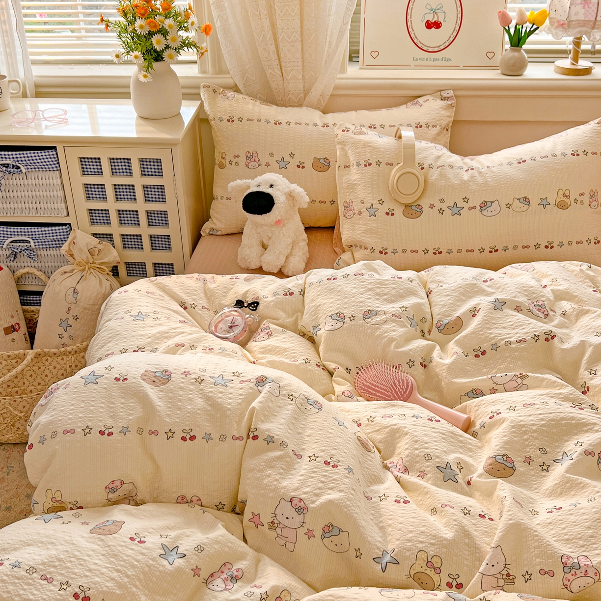 91家纺网 家纺一手货源 找家纺 暖伊家居 2026新款糖果小布袋泡芙纱四件套 少女KT