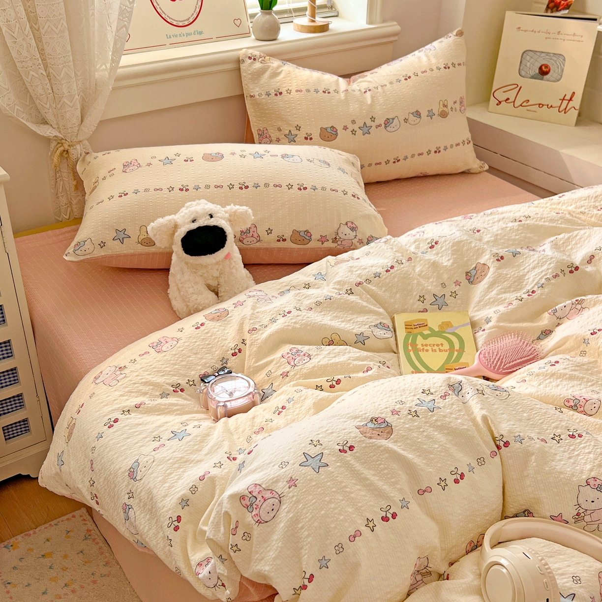 91家纺网 家纺一手货源 找家纺 暖伊家居 2026新款糖果小布袋泡芙纱四件套 少女KT