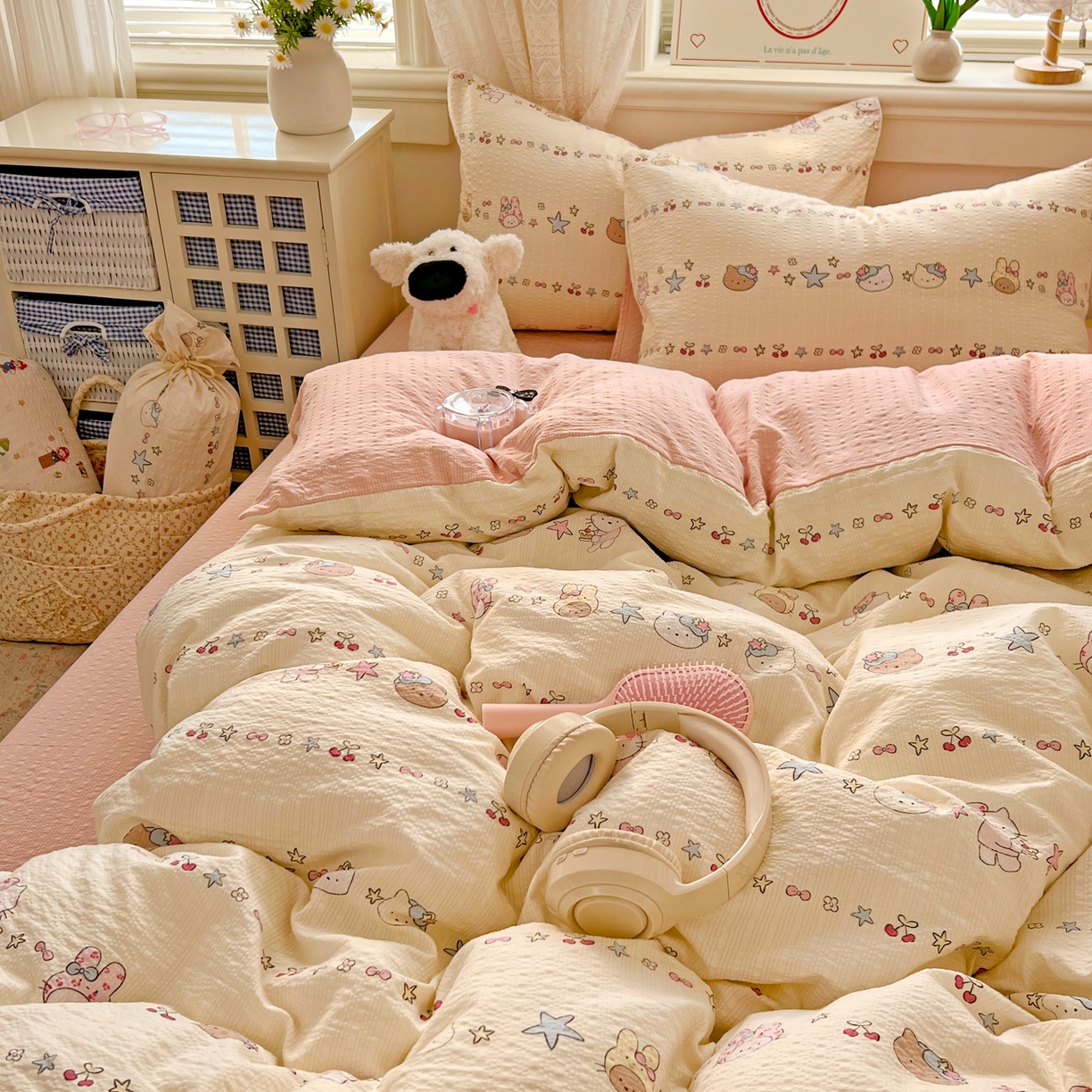 91家纺网 家纺一手货源 找家纺 暖伊家居 2026新款糖果小布袋泡芙纱四件套 少女KT