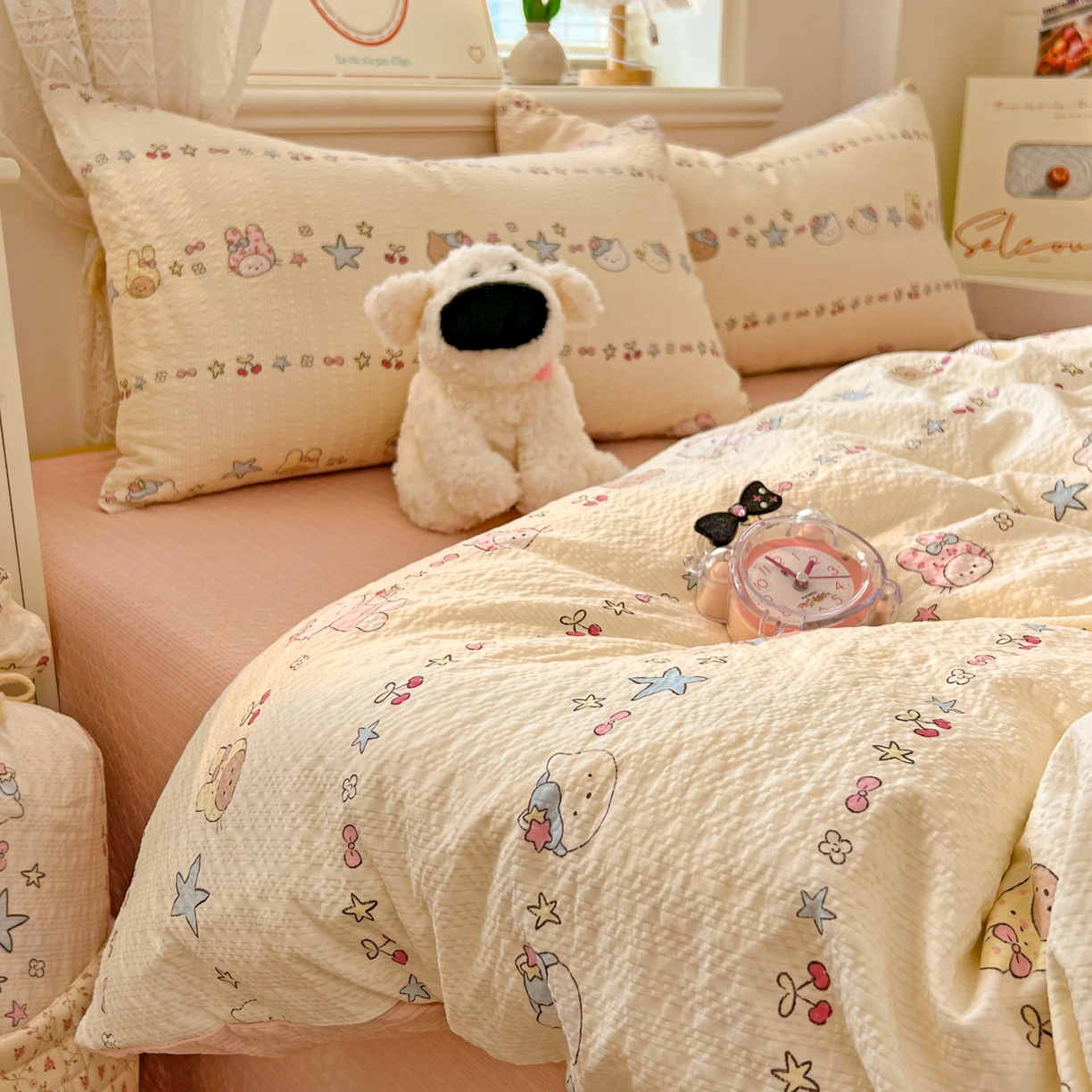 91家纺网 家纺一手货源 找家纺 暖伊家居 2026新款糖果小布袋泡芙纱四件套 少女KT