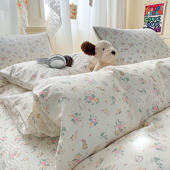 91家纺网 家纺一手货源 找家纺 淑女公社家纺 2026春夏新款高温砂洗床盖款纯棉四件套床盖被套单品单件 花枝兔