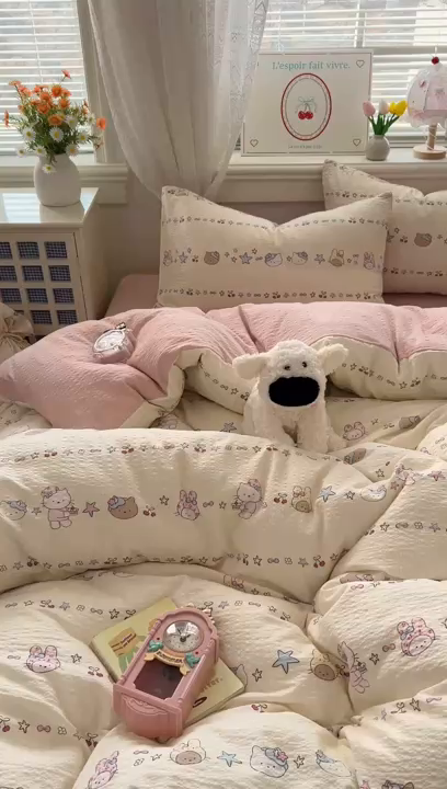 91家纺网 家纺一手货源 找家纺 暖伊家居 2026新款糖果小布袋泡芙纱四件套 少女KT