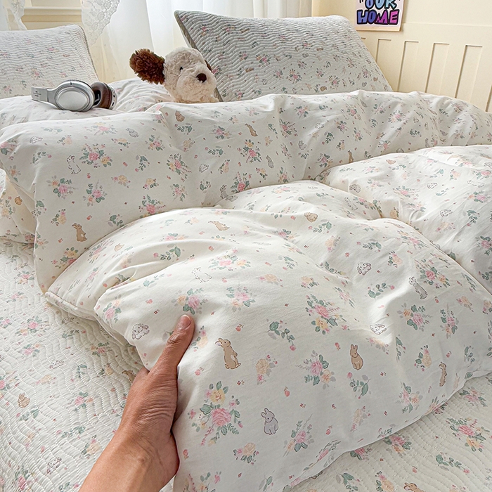 91家纺网 家纺一手货源 找家纺 淑女公社家纺 2026春夏新款高温砂洗床盖款纯棉四件套床盖被套单品单件 花枝兔