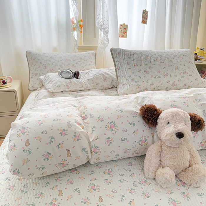 91家纺网 家纺一手货源 找家纺 淑女公社家纺 2026春夏新款高温砂洗床盖款纯棉四件套床盖被套单品单件 花枝兔