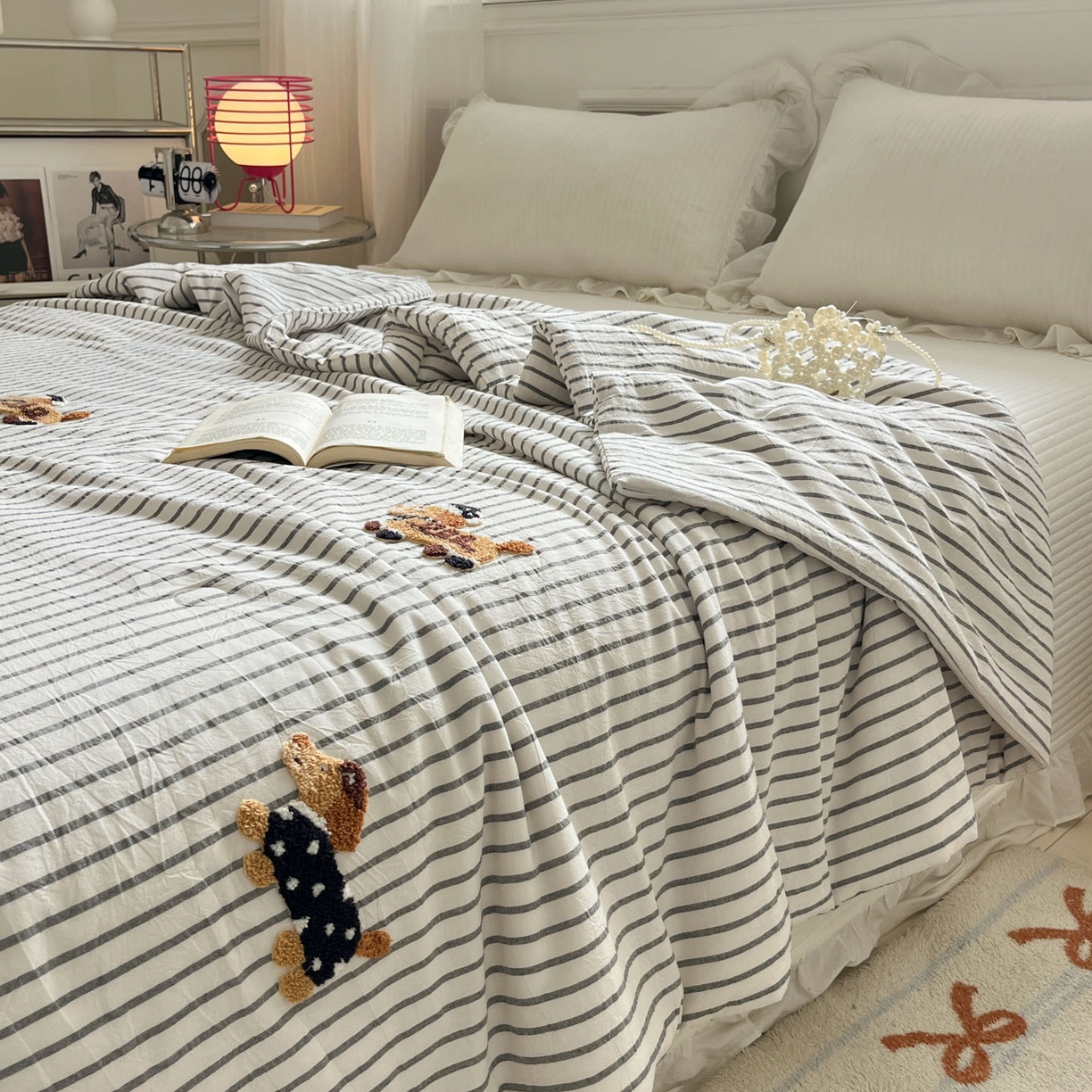 91家纺网 家纺一手货源 找家纺 一加一 2026新款全棉色织水洗棉毛巾绣大豆夏被夏凉被空调被-腊肠狗 腊肠狗-灰条