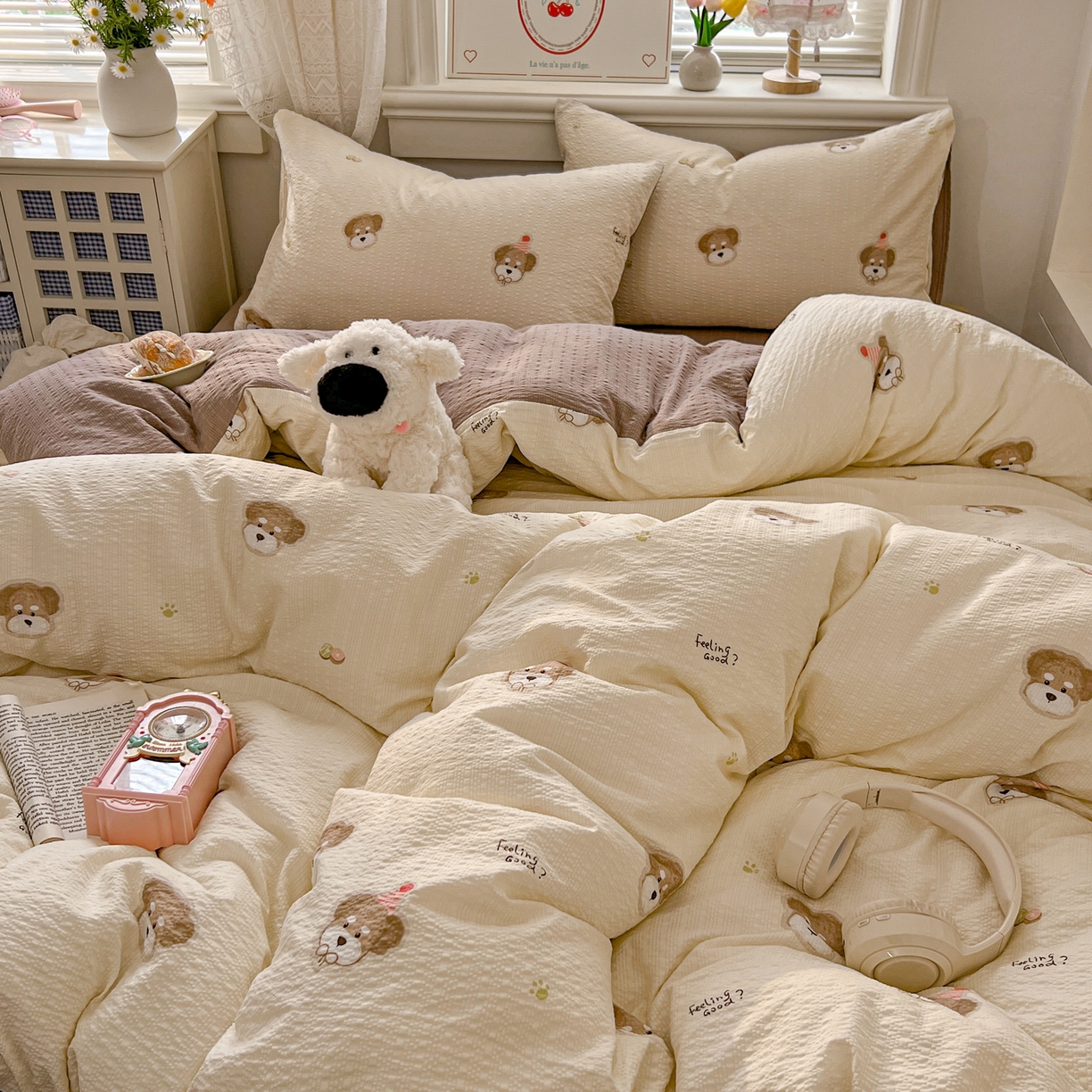 91家纺网 家纺一手货源 找家纺 暖伊家居 2026新款糖果小布袋泡芙纱四件套 生日小狗