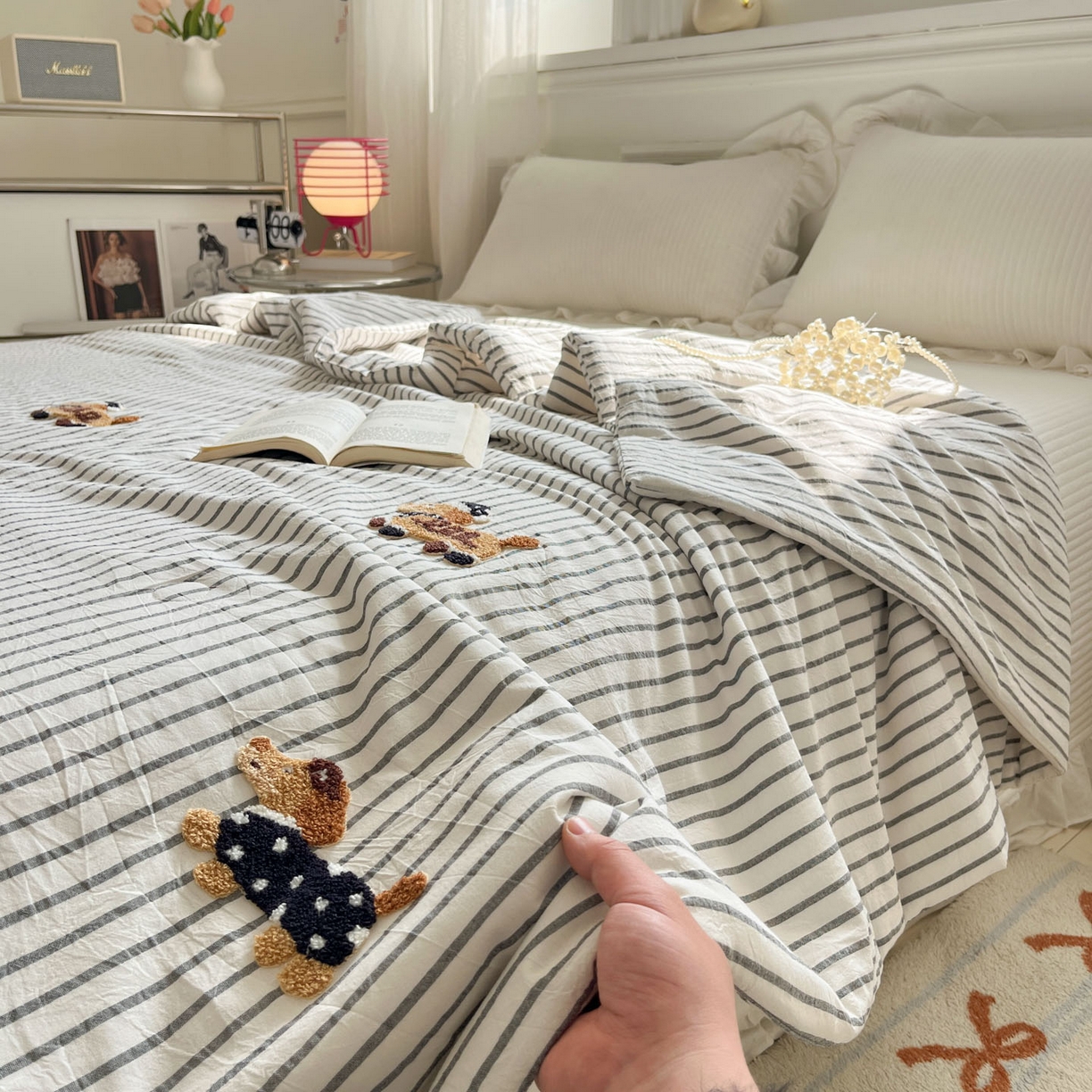 91家纺网 家纺一手货源 找家纺 一加一 2026新款全棉色织水洗棉毛巾绣大豆夏被夏凉被空调被-腊肠狗 腊肠狗-灰条