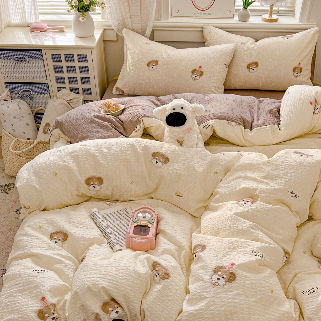 91家纺网 家纺一手货源 找家纺 暖伊家居 2026新款糖果小布袋泡芙纱四件套 生日小狗