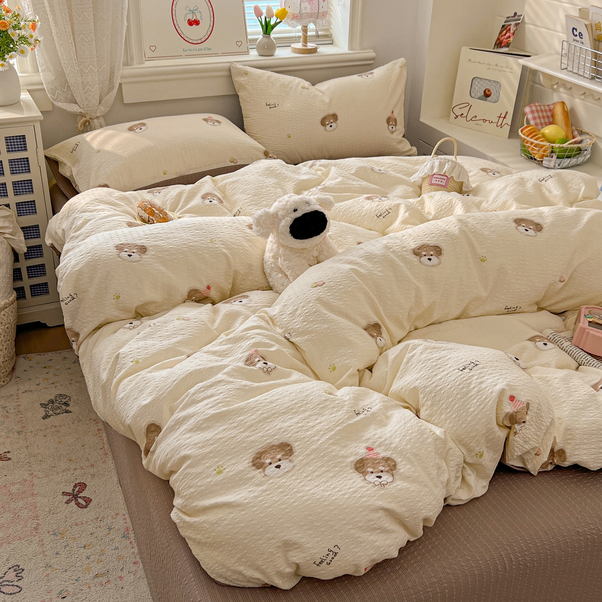 91家纺网 家纺一手货源 找家纺 暖伊家居 2026新款糖果小布袋泡芙纱四件套 生日小狗