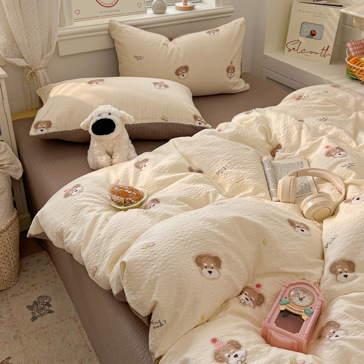 91家纺网 家纺一手货源 找家纺 暖伊家居 2026新款糖果小布袋泡芙纱四件套 生日小狗