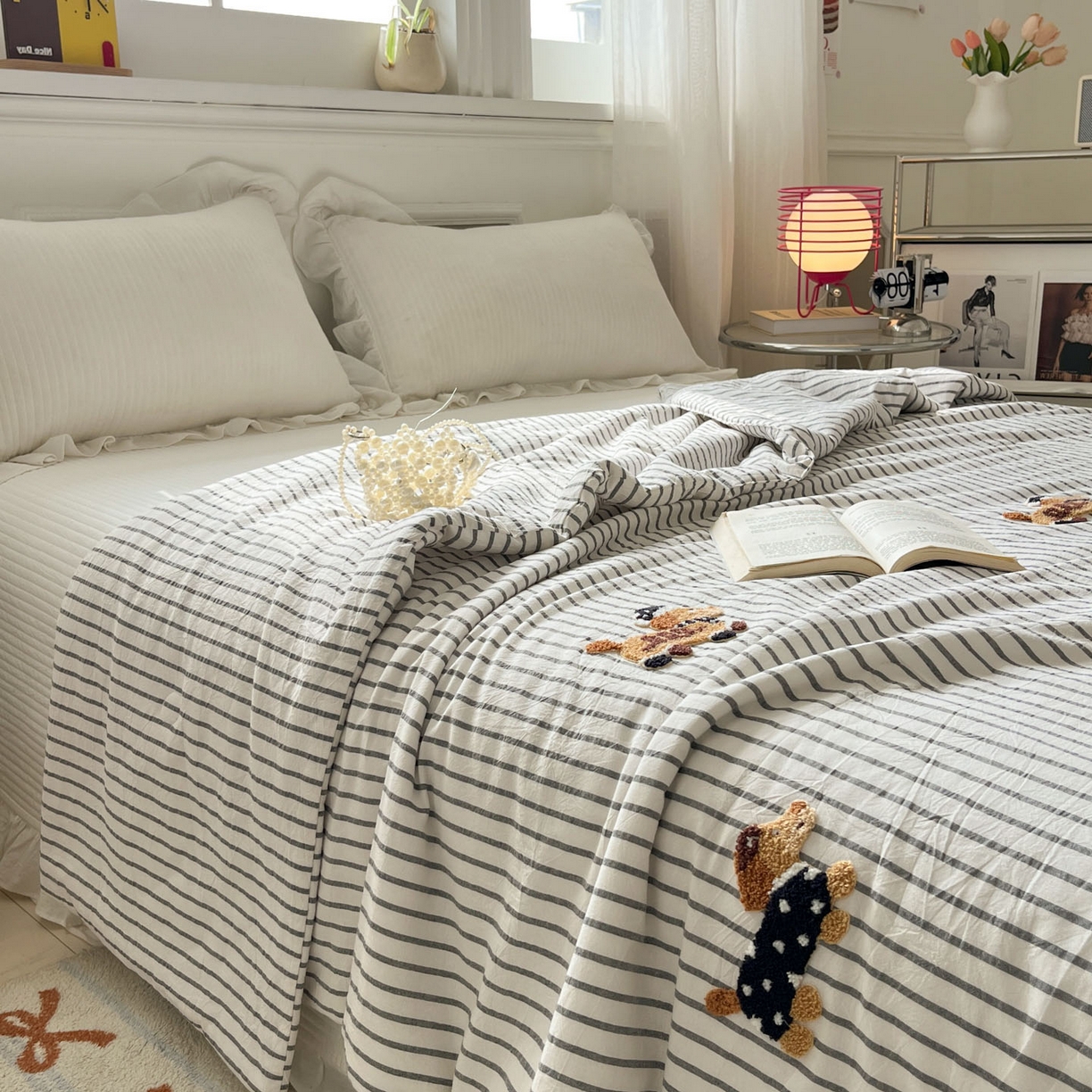 91家纺网 家纺一手货源 找家纺 一加一 2026新款全棉色织水洗棉毛巾绣大豆夏被夏凉被空调被-腊肠狗 腊肠狗-灰条