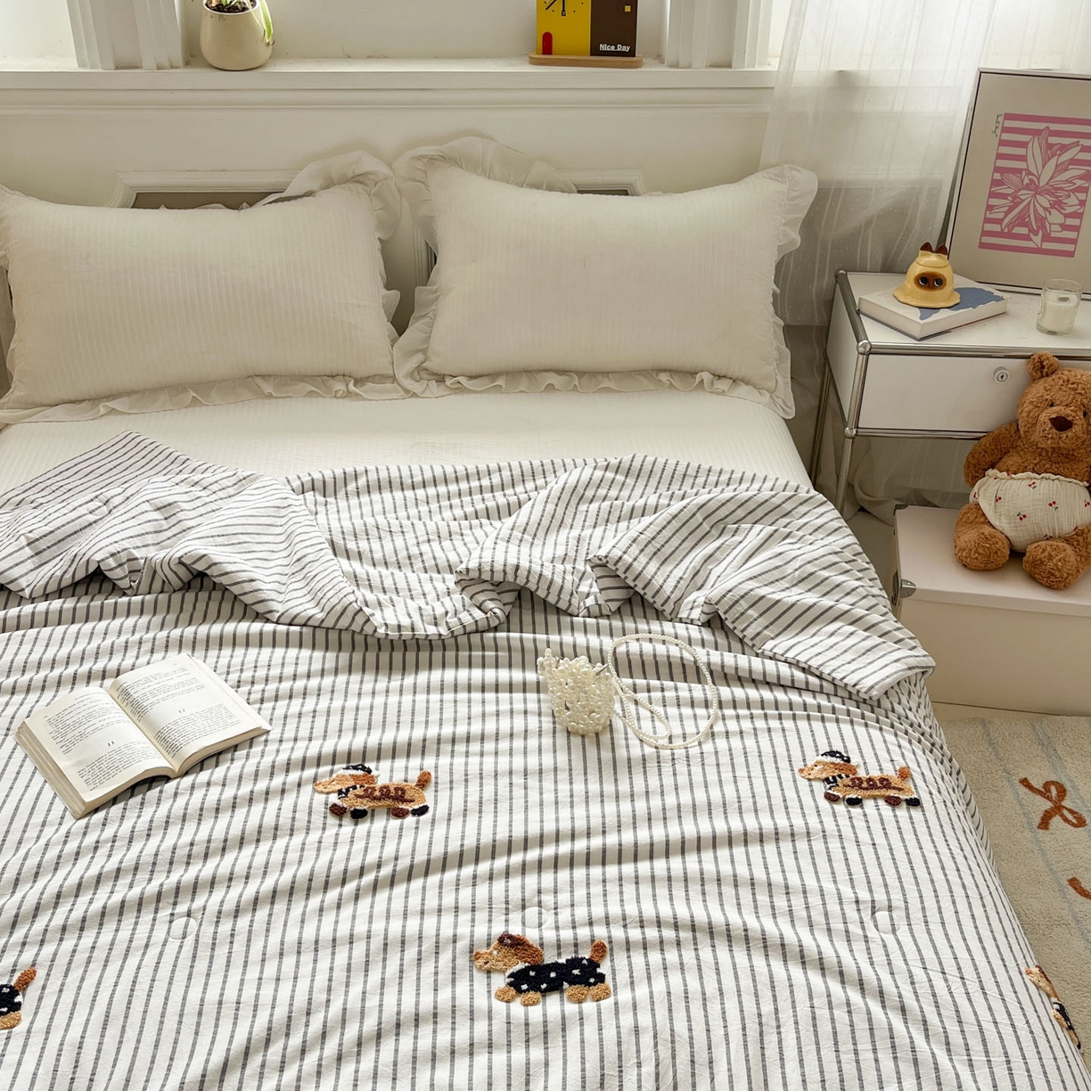 91家纺网 家纺一手货源 找家纺 一加一 2026新款全棉色织水洗棉毛巾绣大豆夏被夏凉被空调被-腊肠狗 腊肠狗-灰条