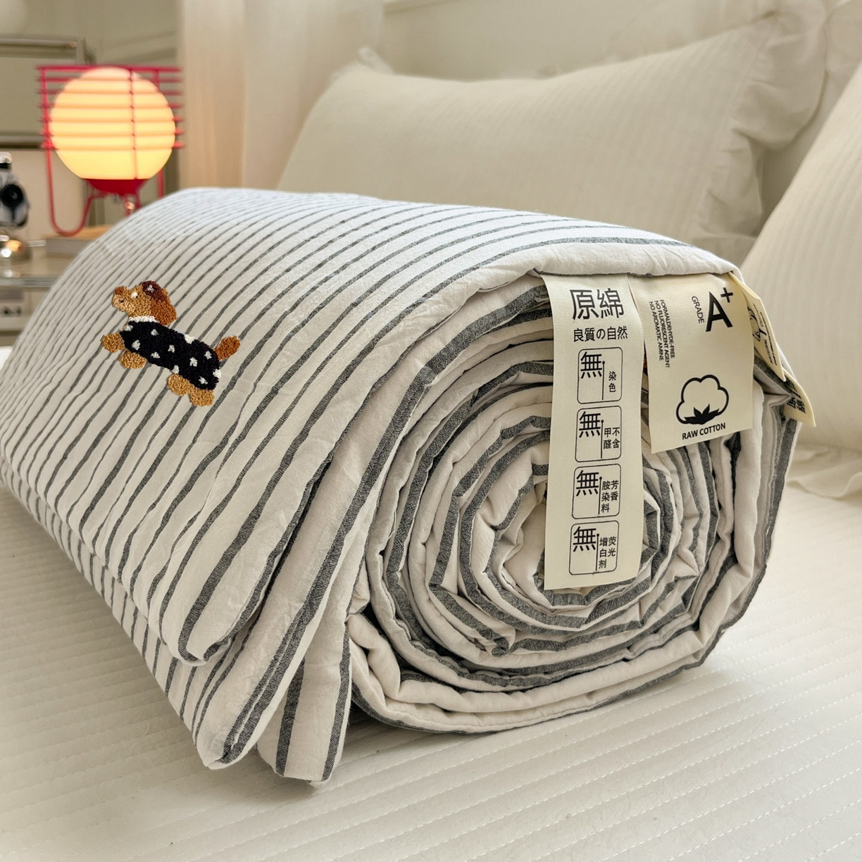 91家纺网 家纺一手货源 找家纺 一加一 2026新款全棉色织水洗棉毛巾绣大豆夏被夏凉被空调被-腊肠狗 腊肠狗-灰条