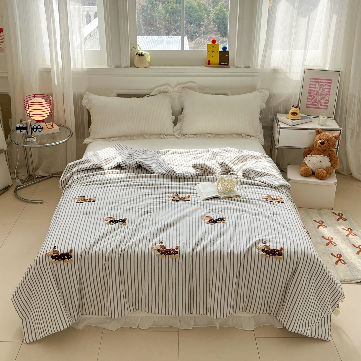 91家纺网 家纺一手货源 找家纺 一加一 2026新款全棉色织水洗棉毛巾绣大豆夏被夏凉被空调被-腊肠狗 腊肠狗-灰条