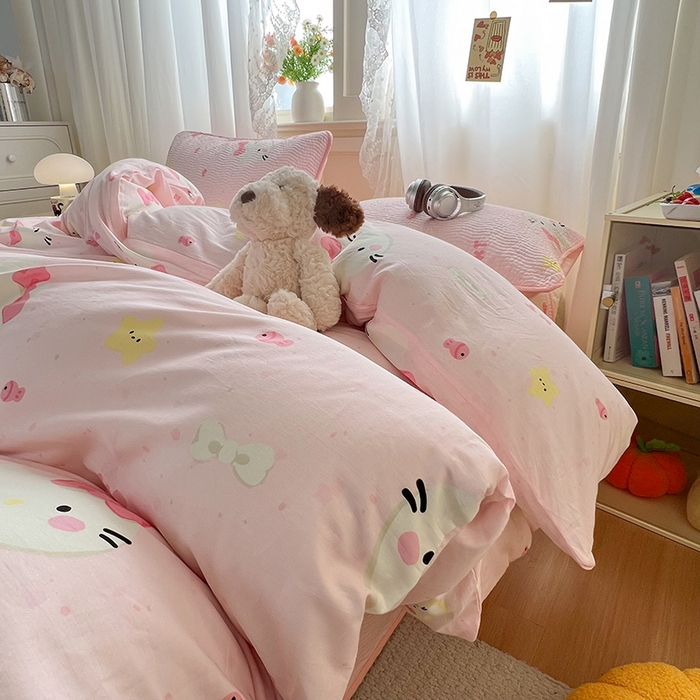 91家纺网 家纺一手货源 找家纺 淑女公社家纺 2026春夏新款高温砂洗床盖款纯棉四件套床盖被套单品单件 可爱喵