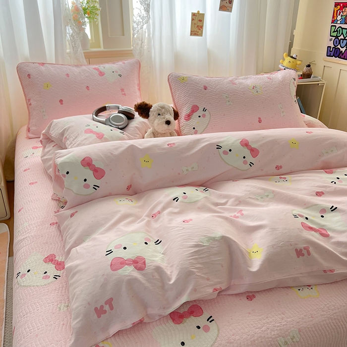 91家纺网 家纺一手货源 找家纺 淑女公社家纺 2026春夏新款高温砂洗床盖款纯棉四件套床盖被套单品单件 可爱喵