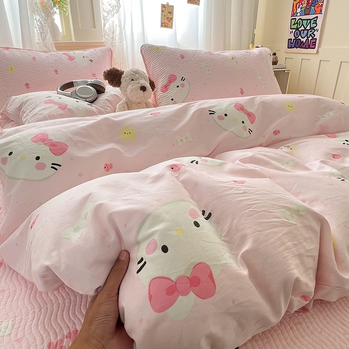 91家纺网 家纺一手货源 找家纺 淑女公社家纺 2026春夏新款高温砂洗床盖款纯棉四件套床盖被套单品单件 可爱喵