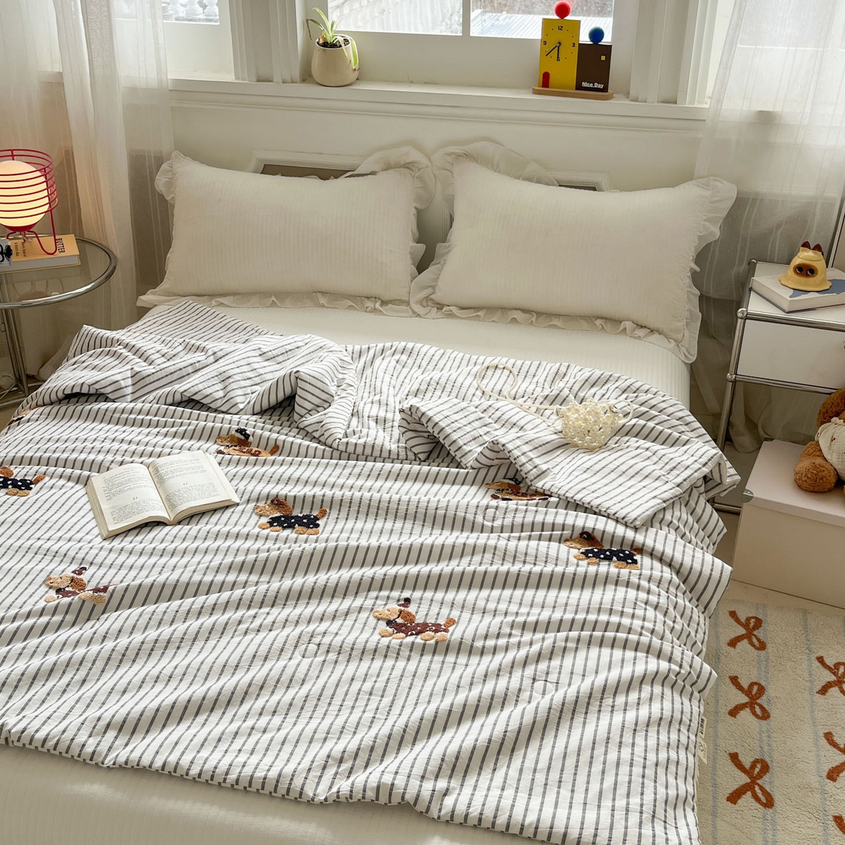 91家纺网 家纺一手货源 找家纺 一加一 2026新款全棉色织水洗棉毛巾绣大豆夏被夏凉被空调被-腊肠狗 腊肠狗-灰条