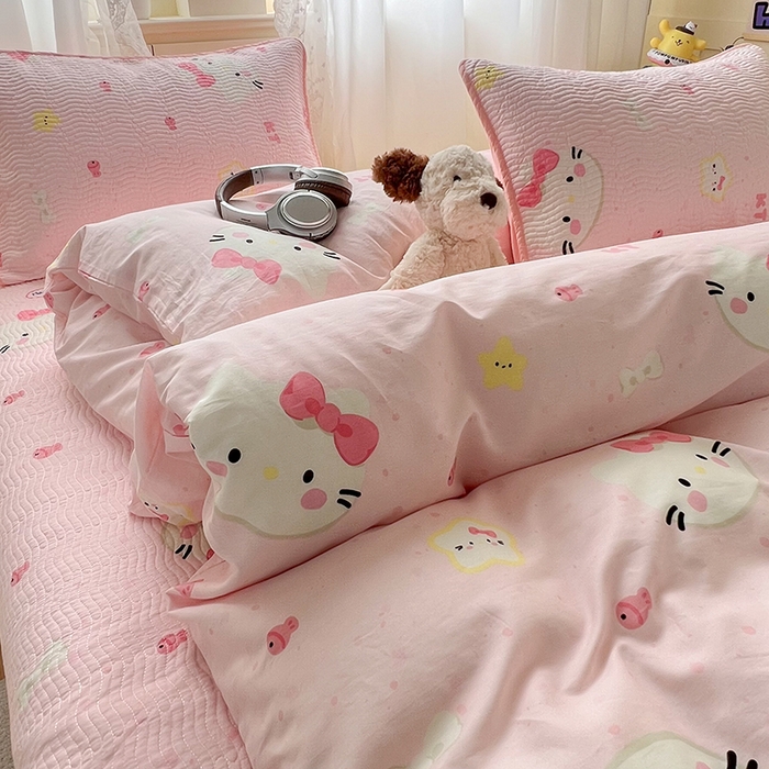 91家纺网 家纺一手货源 找家纺 淑女公社家纺 2026春夏新款高温砂洗床盖款纯棉四件套床盖被套单品单件 可爱喵