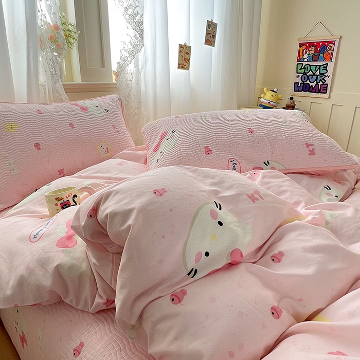 91家纺网 家纺一手货源 找家纺 淑女公社家纺 2026春夏新款高温砂洗床盖款纯棉四件套床盖被套单品单件 可爱喵