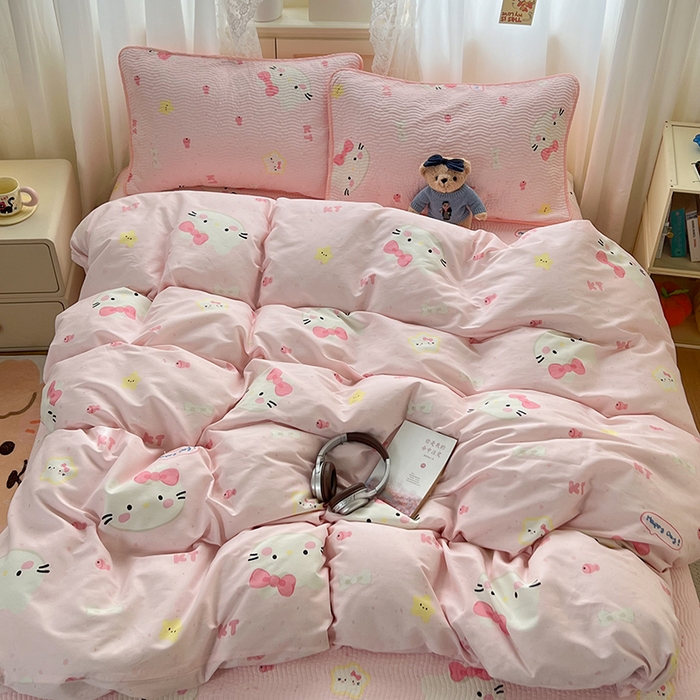 91家纺网 家纺一手货源 找家纺 淑女公社家纺 2026春夏新款高温砂洗床盖款纯棉四件套床盖被套单品单件 可爱喵