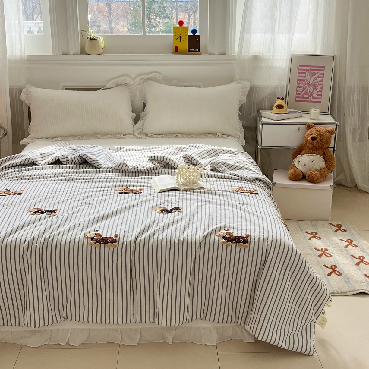 91家纺网 家纺一手货源 找家纺 一加一 2026新款全棉色织水洗棉毛巾绣大豆夏被夏凉被空调被-腊肠狗 腊肠狗-灰条