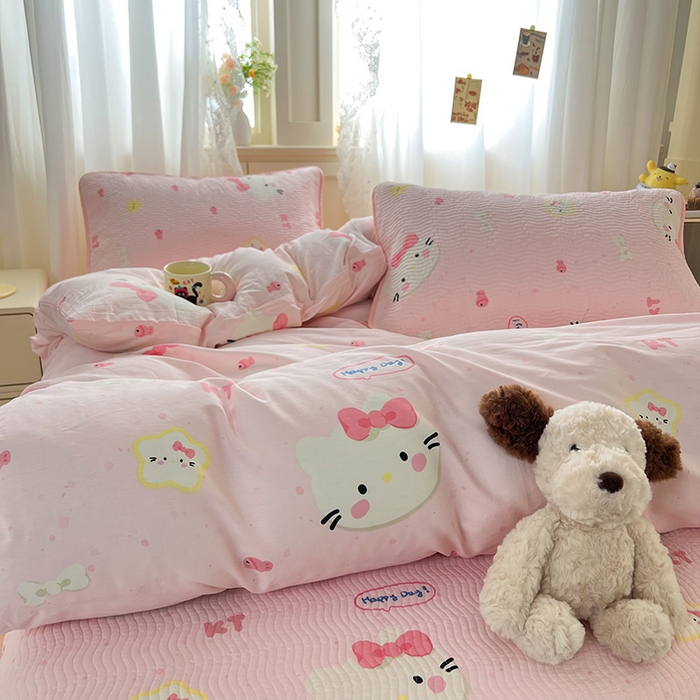 91家纺网 家纺一手货源 找家纺 淑女公社家纺 2026春夏新款高温砂洗床盖款纯棉四件套床盖被套单品单件 可爱喵