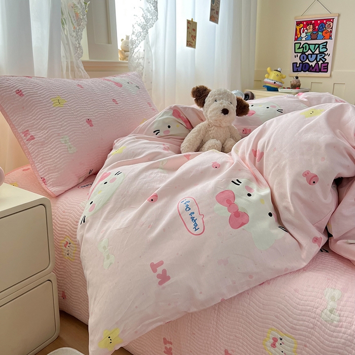 91家纺网 家纺一手货源 找家纺 淑女公社家纺 2026春夏新款高温砂洗床盖款纯棉四件套床盖被套单品单件 可爱喵