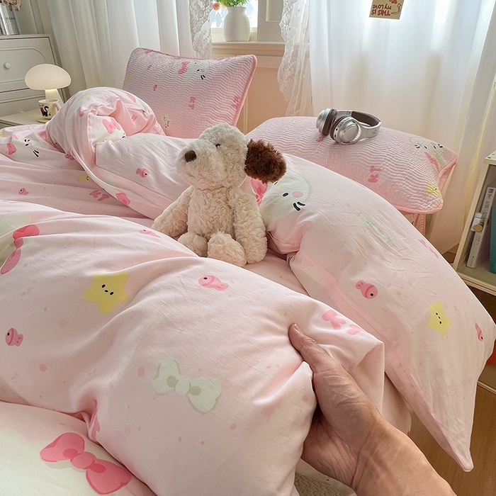 91家纺网 家纺一手货源 找家纺 淑女公社家纺 2026春夏新款高温砂洗床盖款纯棉四件套床盖被套单品单件 可爱喵