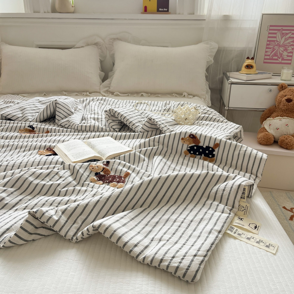 91家纺网 家纺一手货源 找家纺 一加一 2026新款全棉色织水洗棉毛巾绣大豆夏被夏凉被空调被-腊肠狗 腊肠狗-灰条