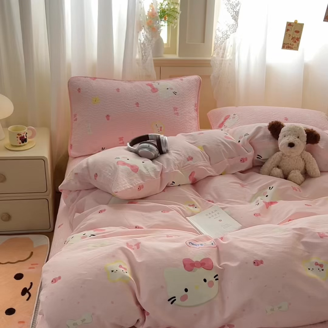 91家纺网 家纺一手货源 找家纺 淑女公社家纺 2026春夏新款高温砂洗床盖款纯棉四件套床盖被套单品单件 可爱喵