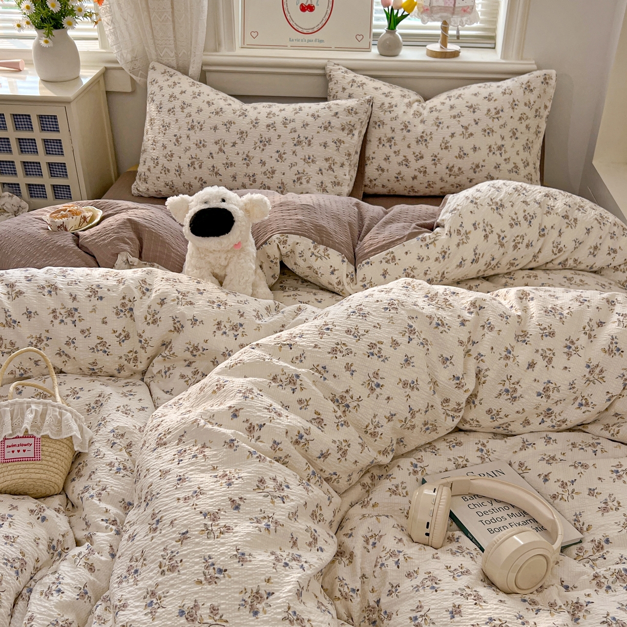 91家纺网 家纺一手货源 找家纺 暖伊家居 2026新款糖果小布袋泡芙纱四件套 松木枫林