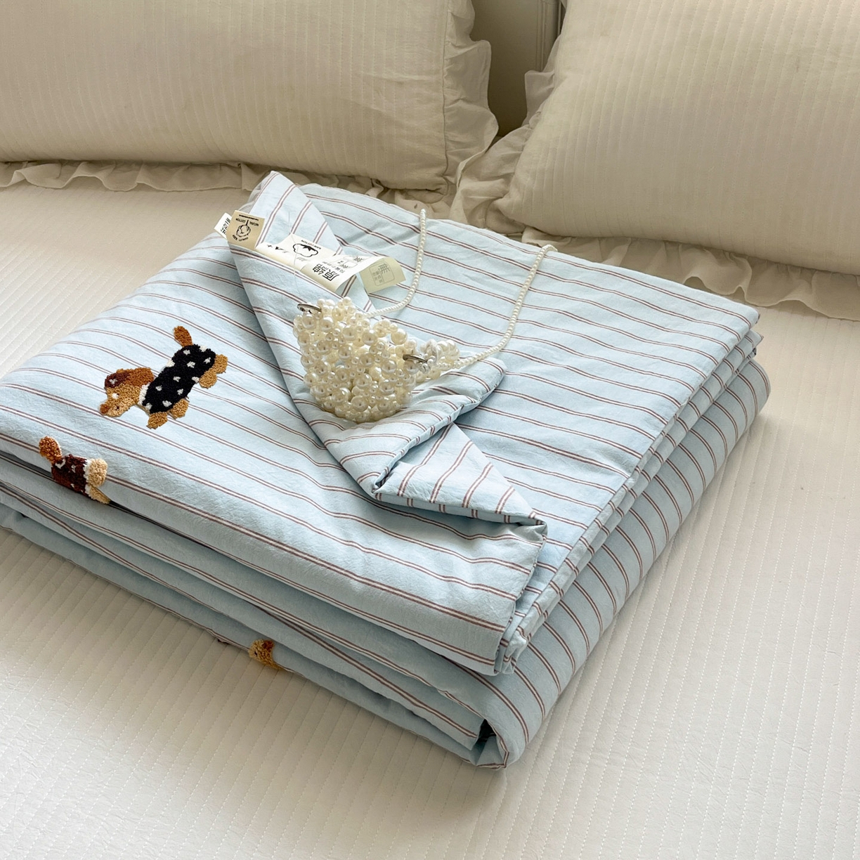 一加一 2026新款全棉色织水洗棉毛巾绣大豆夏被夏凉被空调被-腊肠狗 腊肠狗-蓝调