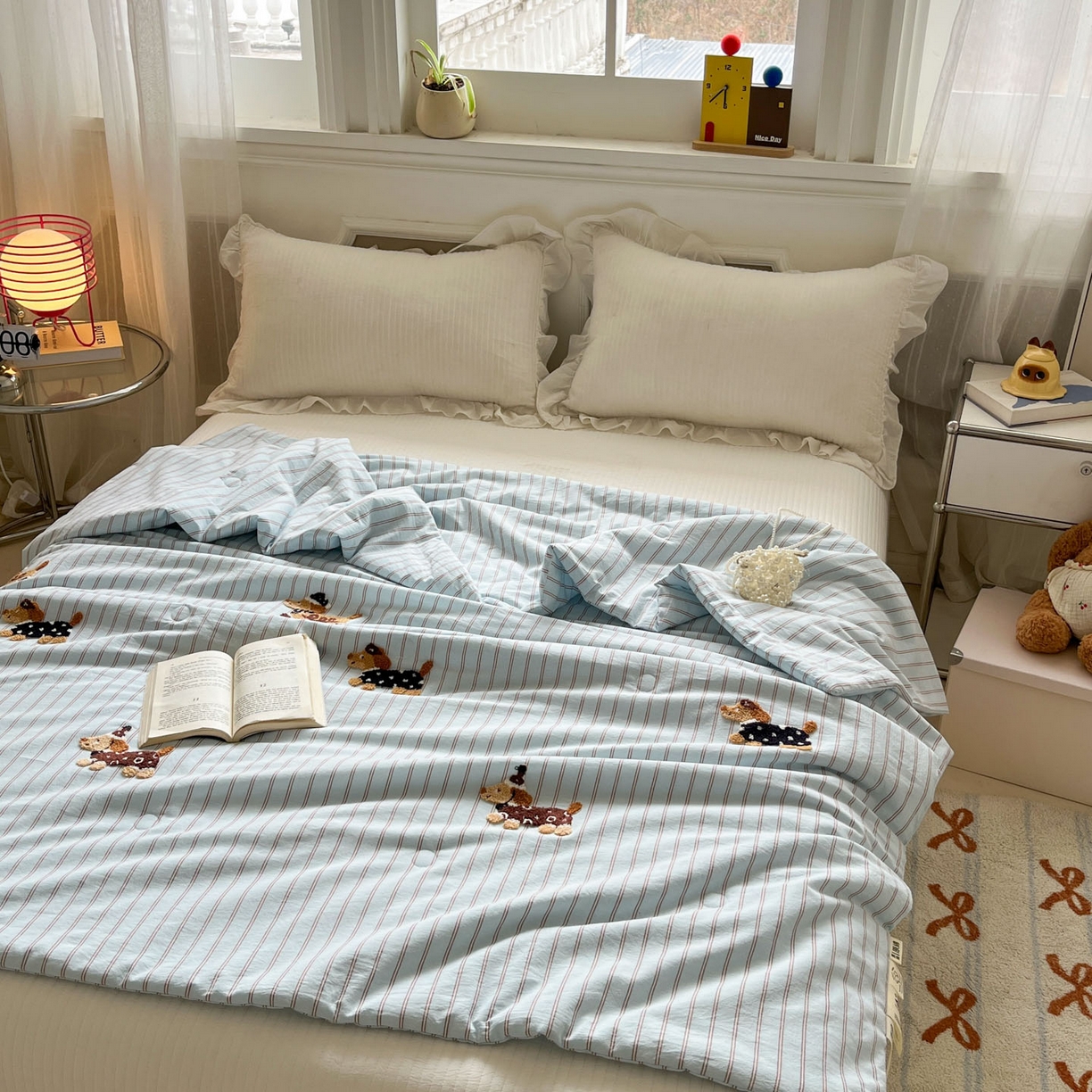 91家纺网 家纺一手货源 找家纺 一加一 2026新款全棉色织水洗棉毛巾绣大豆夏被夏凉被空调被-腊肠狗 腊肠狗-蓝调